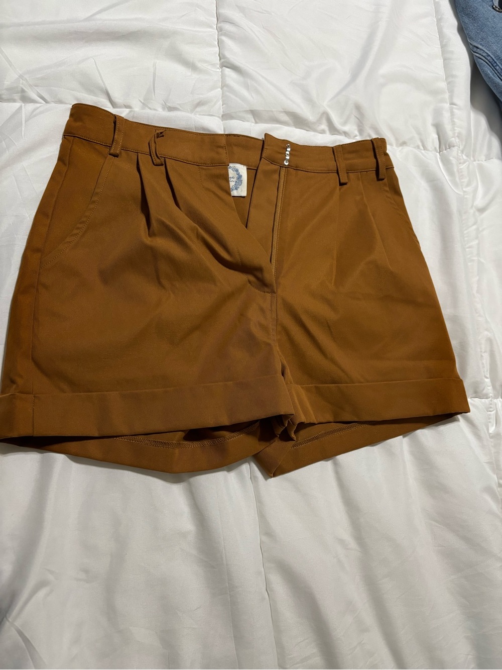 Blue Rain High-Waist Pleated Shorts in Rust